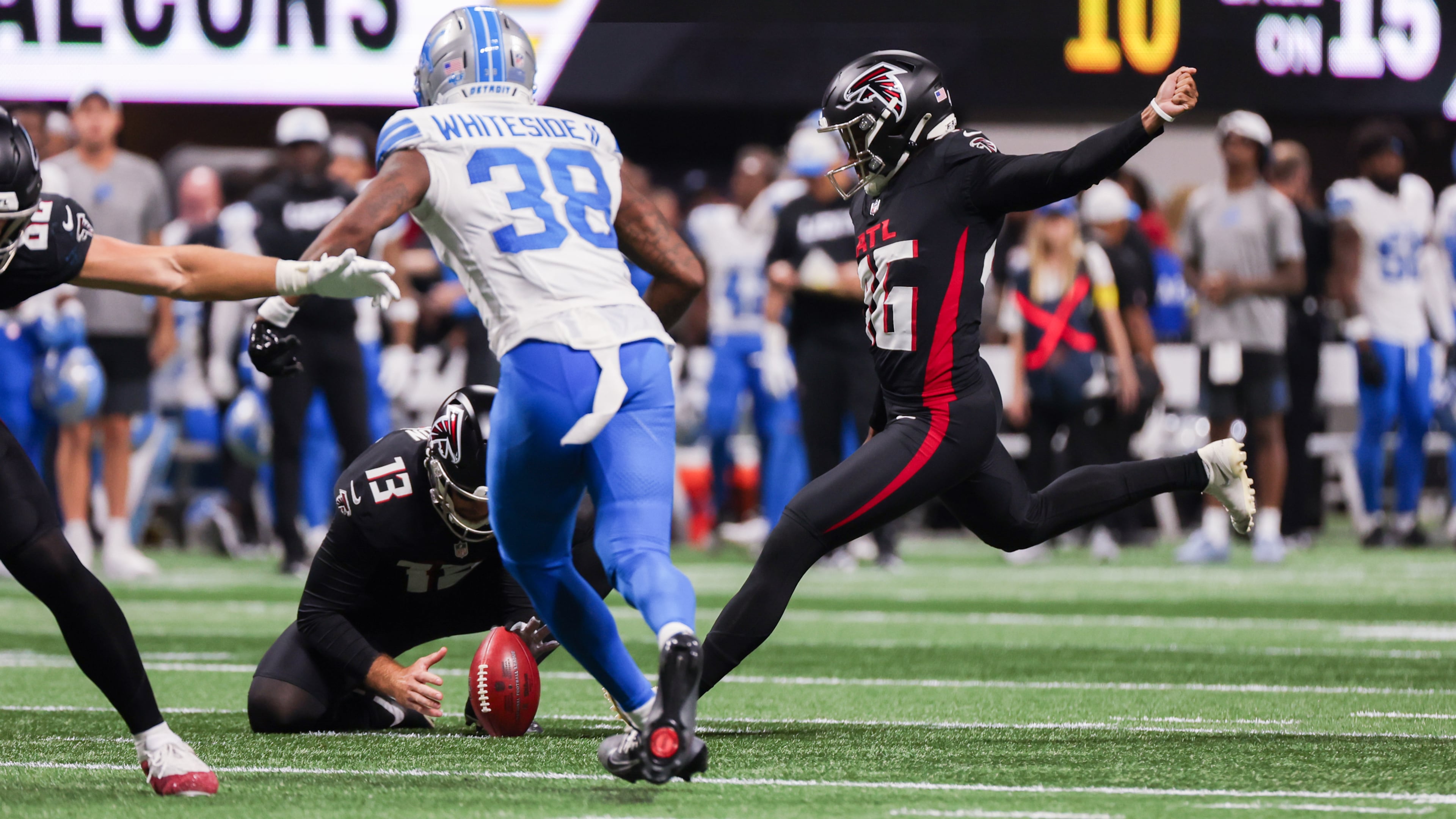 In the Falcons' exhibition game in August against the Lions, placekicker Lenny Krieg (right) made one of two field goals — with the successful kick a 57-yarder — and kicked an extra point at Mercedes-Benz Stadium. The German has been on Atlanta's practice squad this season as part of the NFL's International Player Pathways program. (Arvin Temkar/AJC)