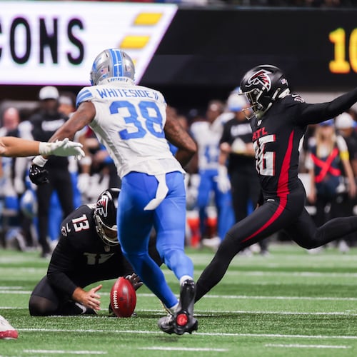 In the Falcons' exhibition game in August against the Lions, placekicker Lenny Krieg (right) made one of two field goals — with the successful kick a 57-yarder — and kicked an extra point at Mercedes-Benz Stadium. The German has been on Atlanta's practice squad this season as part of the NFL's International Player Pathways program. (Arvin Temkar/AJC)