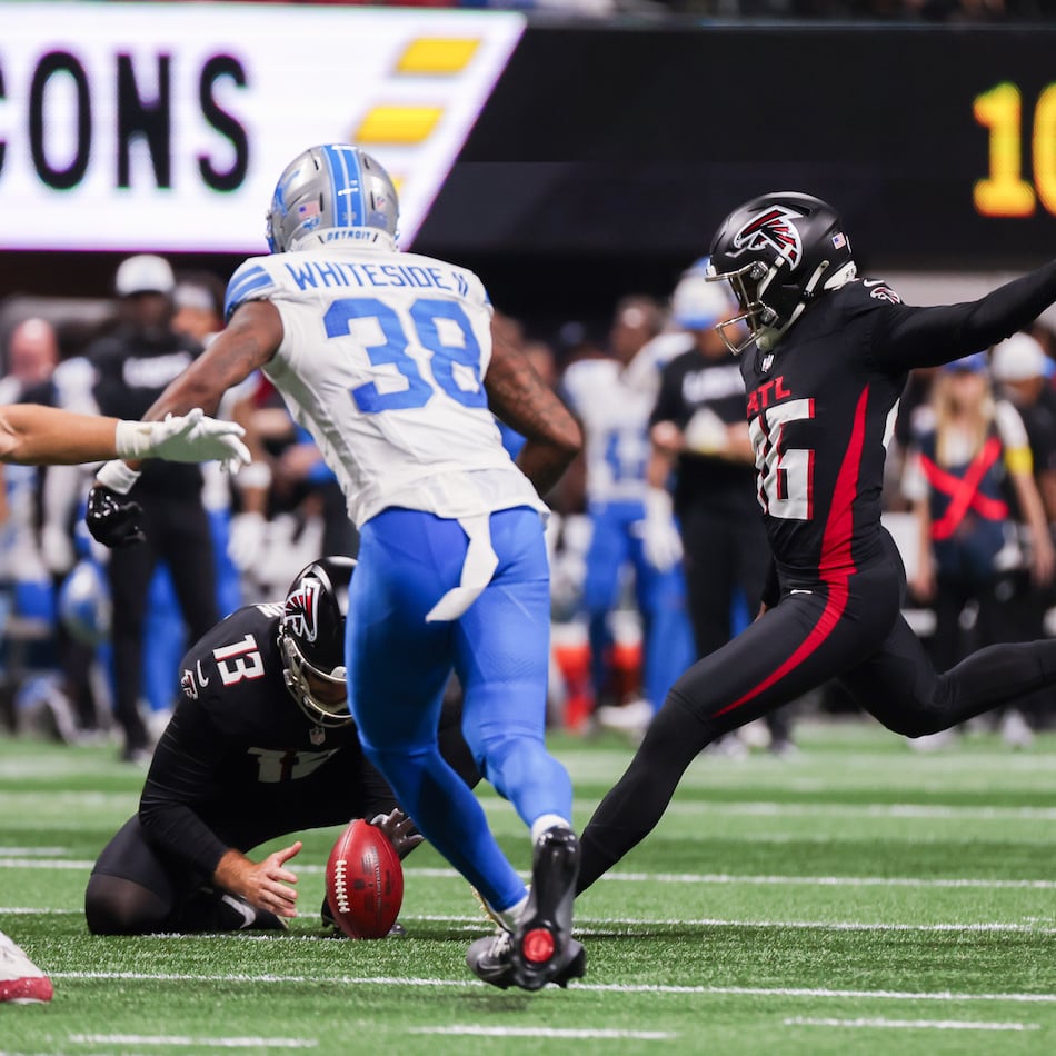 In the Falcons' exhibition game in August against the Lions, placekicker Lenny Krieg (right) made one of two field goals — with the successful kick a 57-yarder — and kicked an extra point at Mercedes-Benz Stadium. The German has been on Atlanta's practice squad this season as part of the NFL's International Player Pathways program. (Arvin Temkar/AJC)