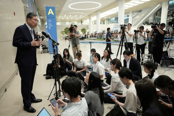 South Korean Foreign Minister Cho Hyun speaks to the media after returning from Washington at the Incheon International Airport in Incheon, South Korea, Friday, Sept. 12, 2025. (Ahn Young-joon/AP)