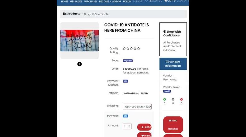 Georgia State University researchers have found items like this on the dark web falsely claiming to have an antidote to COVID-19. Courtesy of Georgia State