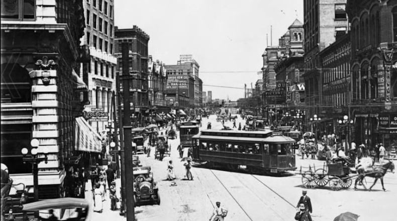 Five Points, looking west down Marietta Street, Atlanta, Georgia, 1912. AJC file.