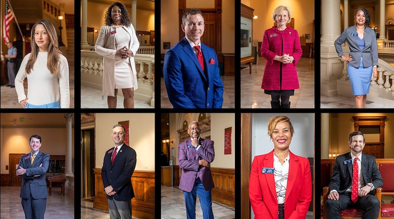 This year's best-dressed* legislators include: (top row, left to right) Rep. Bee Nguyen, D-Atlanta; Rep. Donna McLeod, D-Lawrenceville; Sen. Greg Dolezal, R-Cumming; Rep. Katie Dempsey, R-Rome; Sen. Nikki Merritt, D-Grayson; (bottom row, left to right) Rep. Matthew Gambill, R-Cartersville; Rep. Matthew Wilson, D-Brookhaven; Sen. Emanuel Jones, D-Ellenwood; Sen. Sonya Halpern, D-Atlanta; and Sen. Brian Strickland, R-McDonough. Alyssa Pointer / alyssa.pointer@ajc.com