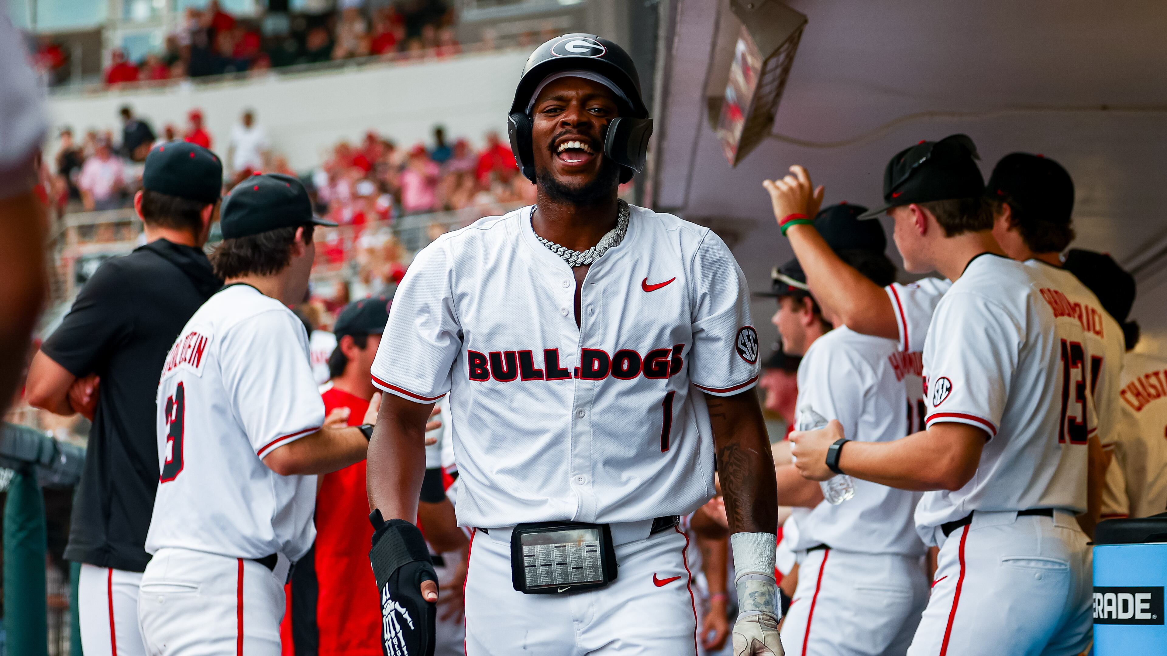 Georgia infielder/outfielder Tre Phelps (1) during Georgia’s game against Texas A&M at Foley Field in Athens, Ga., on Thursday, May 15, 2025. (Conor Dillon/UGAAA)