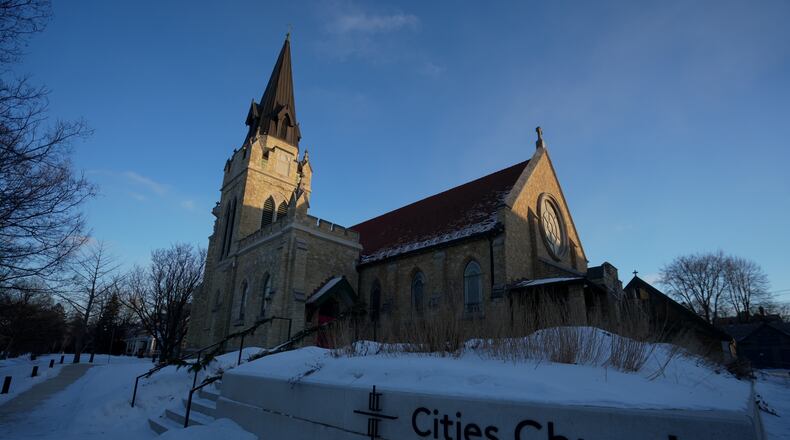 Cities Church is seen in St. Paul, Minn. where activists shut down a service claiming the pastor was also working as an ICE agent, Monday, Jan. 19, 2026 in St. Paul, Minn. (AP Photo/Angelina Katsanis)