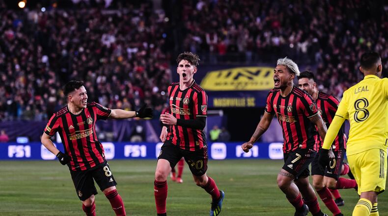 Atlanta United midfielder Emerson Hyndman #20 reacts after scoring a goal during the first half of the 2020 MLS season opener between Atlanta United FC and Nashville SC at Nissan Stadium in Nashville, Tennessee, on Saturday February 29, 2020. (Photo by Jacob Gonzalez/Atlanta United)