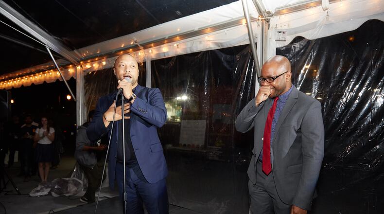 Tech Square Labs co-founder Paul Judge, left, announces Jeff Nelson, founder of Cinchapi, as Atlanta Startup Battle’s winning startup.