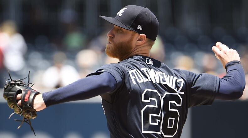 Braves pitcher Mike Foltynewicz #26 of the Atlanta Braves pitches during the first inning of a baseball game against the San Diego Padres at PETCO Park on June 6, 2018 in San Diego.