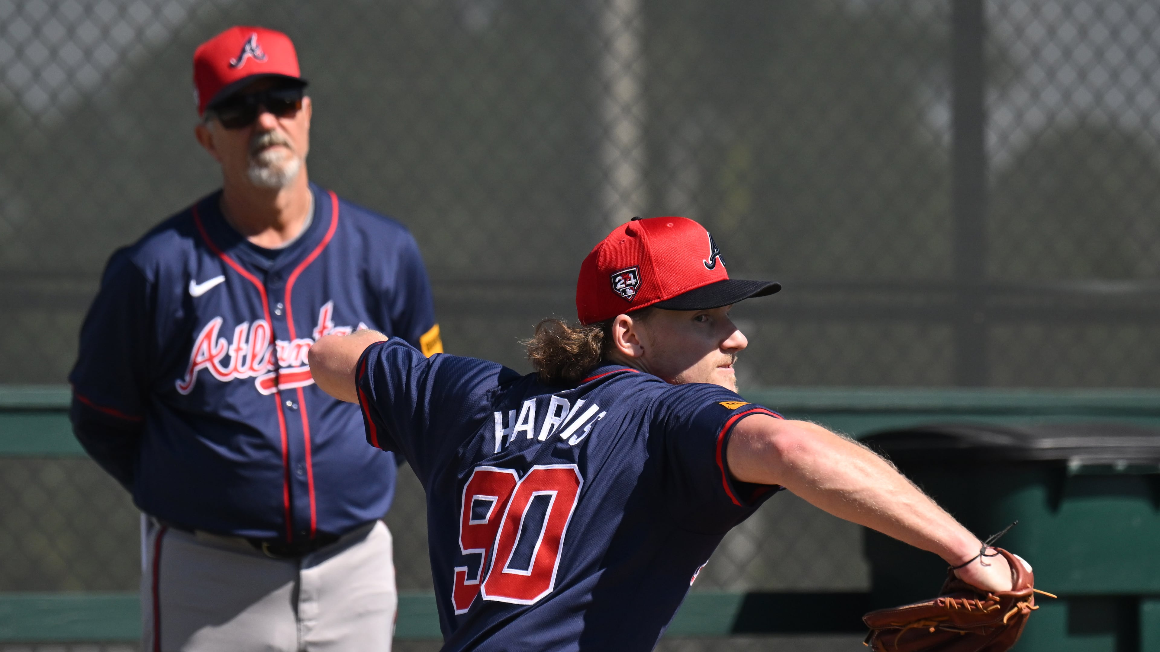 Hayden Harris throws in the bullpen during spring training baseball workouts at CoolToday Park, Thursday, Feb. 15, 2024, in North Port, Florida. (Hyosub Shin/AJC)