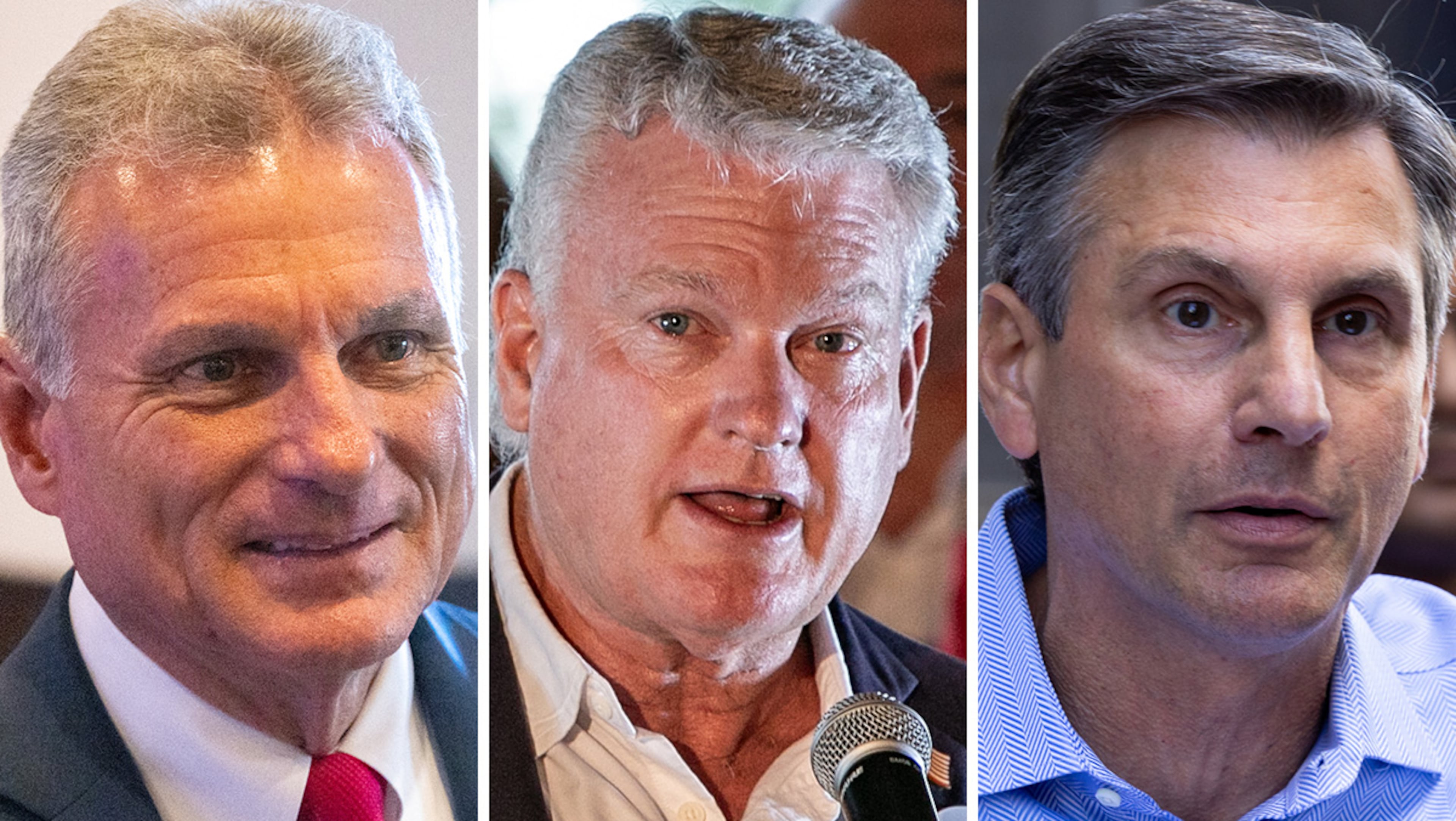 Georgia Republican candidates for the U.S. Senate (left to right): U.S. Rep. Buddy Carter, U.S. Rep. Mike Collins and Derek Dooley. (AJC)