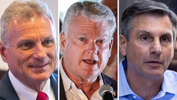 Georgia Republican candidates for the U.S. Senate (left to right): U.S. Rep. Buddy Carter, U.S. Rep. Mike Collins and Derek Dooley. (AJC)