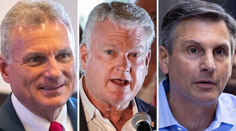 Republican candidates for the U.S. Senate in Georgia are (from left): U.S. Rep. Buddy Carter, U.S. Rep. Mike Collins and Derek Dooley. (AJC file)
