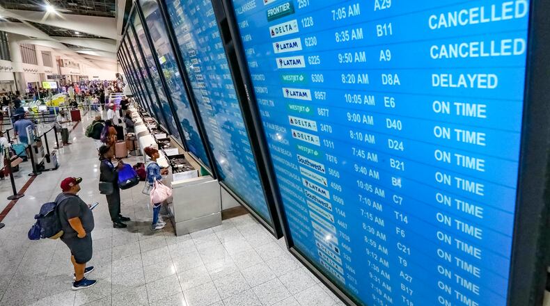 August 30, 2023 Atlanta: Hurricane Idalia disrupted airline flights as it hit Florida’s Gulf Coast. At Hartsfield-Jackson International Airport, more than 90 flights were canceled for Wednesday, Aug. 30, 2023 many of them to and from affected airports in Florida. (John Spink / John.Spink@ajc.com)