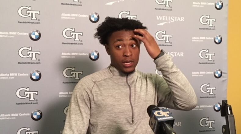 Georgia Tech quarterback TaQuon Marshall addressing media April 9, 2018 (AJC photo by Ken Sugiura)