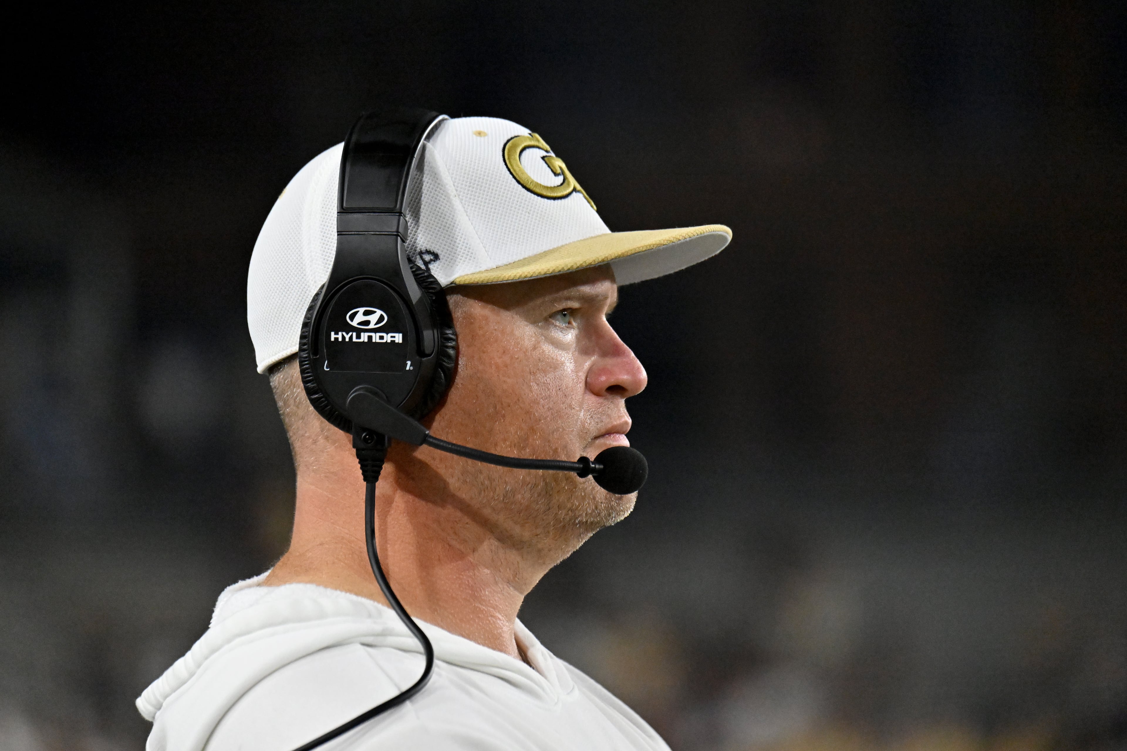 Georgia Tech head coach Brent Key watches from the sideline during the second half of an NCAA college football game at Georgia Tech's Bobby Dodd Stadium, Saturday, November 20, 2025 in Atlanta. Georgia Tech won 45-24 over Temple. (Hyosub Shin / AJC)