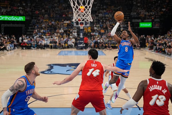 Oklahoma City Thunder forward Jalen Williams (8) shoots the ball during the first half in Game 4 of an NBA basketball first-round playoff series against the Memphis Grizzlies, Saturday, April 26, 2025, in Memphis, Tenn. (AP Photo/George Walker IV)