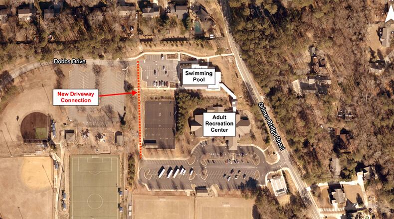 Aerial view depicts a driveway that will be constructed to connect Grimes Bridge and Groveway Community Parks in Roswell. CITY OF ROSWELL