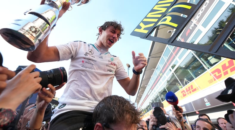 Mercedes driver Mercedes driver Andrea Kimi Antonelli of Italy celebrates after winning the Italian Formula One Grand Prix race, in Monza, Italy, Sunday, Sept. 6, 2026. (AP Photo/Antonio Calanni)