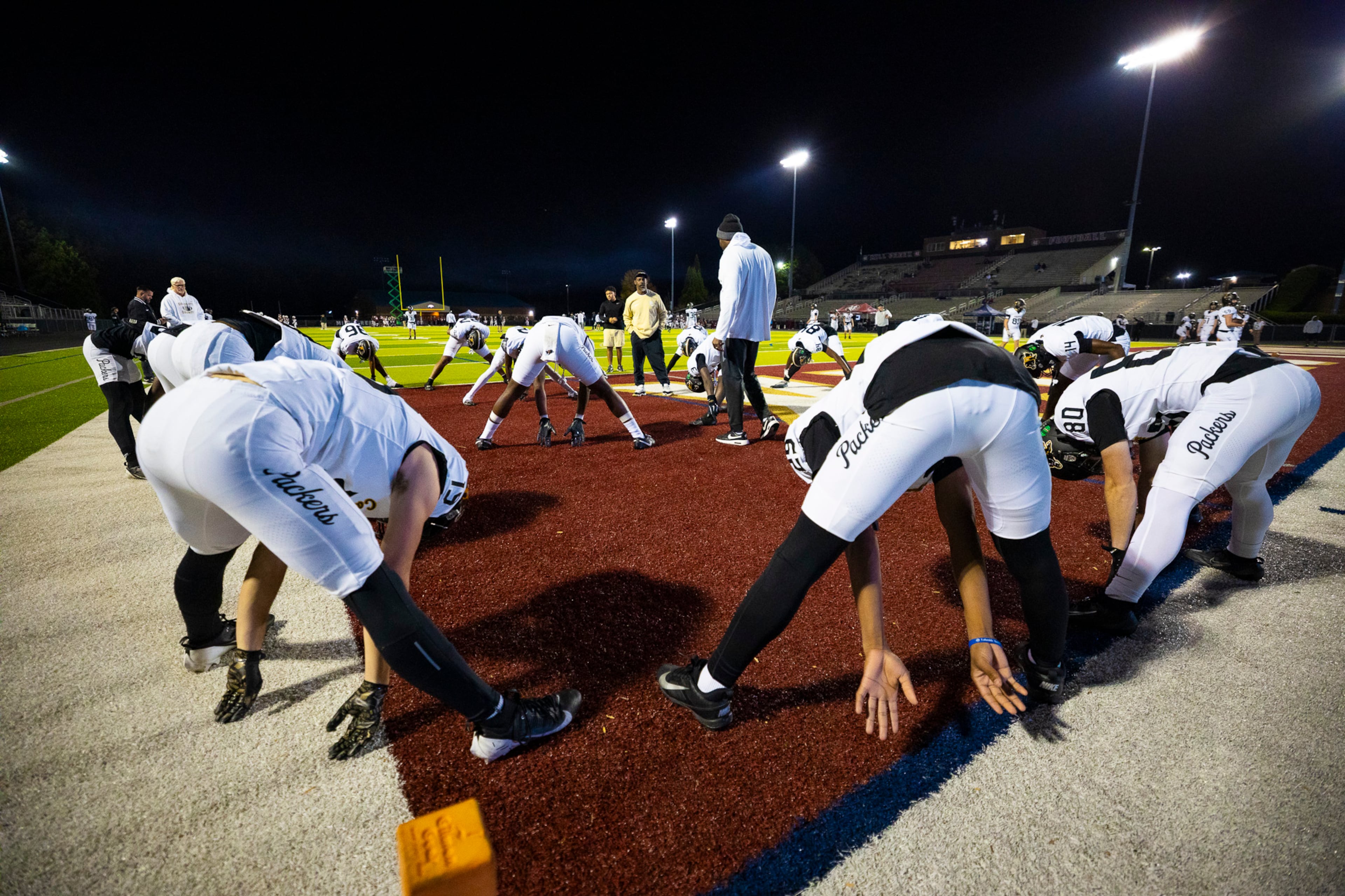 Colquitt County players stretch during warmups against Mill Creek at Mill Creek Community Stadium, Friday, Nov. 14, 2025, in Hoschton, Ga. (Oscar Guevara Saenz for the AJC)