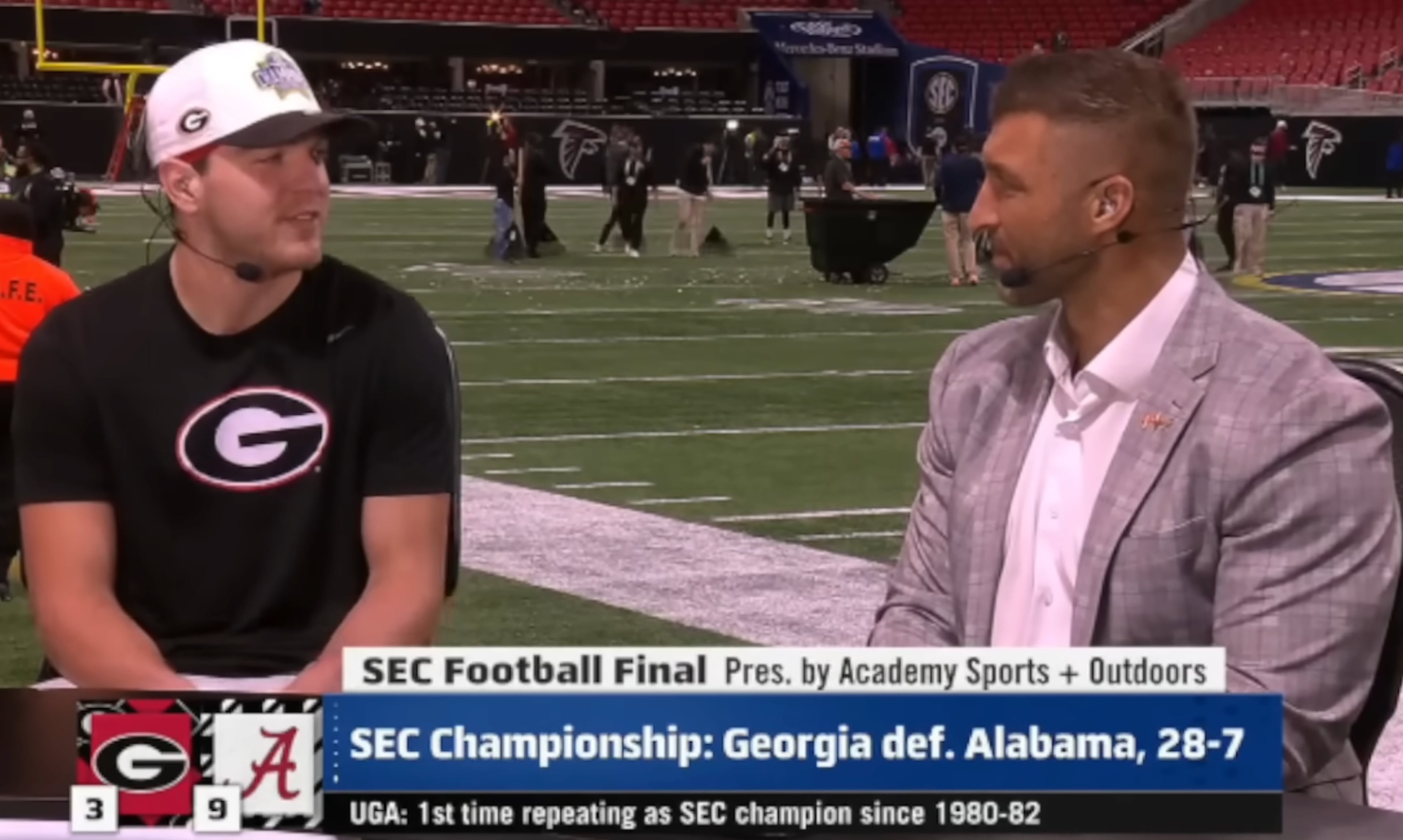 Florida quarterback legend and former Heisman Trophy winner Tim Tebow heaped praise on Gunner Stockton on Saturday night after Georgia beat Alabama, 28-7, to win the 2025 SEC championship game.