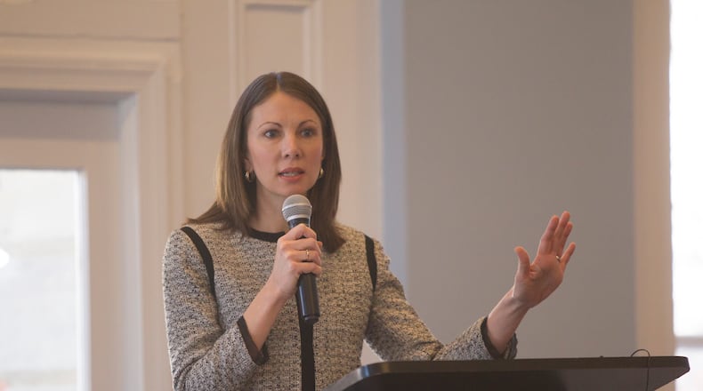 Former State Representative Stacey Evans addresses the public during a transportation policy forum at the Georgia Freight Depot in Atlanta, Georgia on Wednesday, January 24, 2018. The forum served as a chance for governor and lieutenant governor candidates to voice their plans for transportation policies if elected. (REANN HUBER/REANN.HUBER@AJC.COM)
