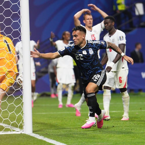 Argentina's Lautaro Martinez (22) celebrates after scoring his side's second goal during the World Cup semifinal soccer match between England and Argentina in Atlanta, Wednesday, July 15, 2026. (AP Photo/Jacob Kupferman)