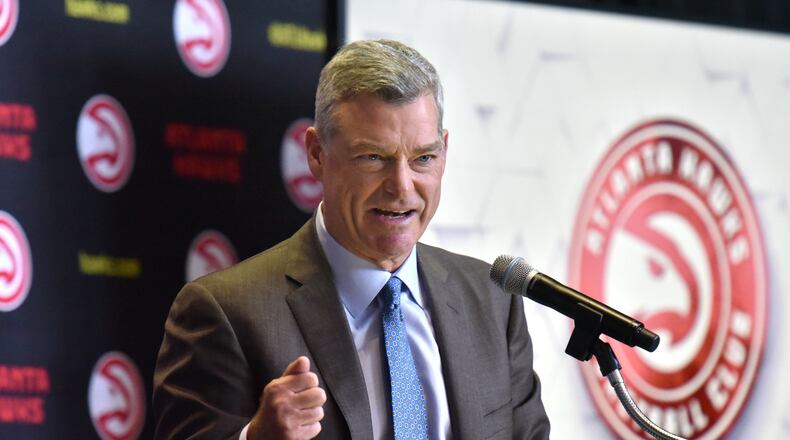 Hawks principal owner Tony Ressler speaks during a press to release details of the $192.5 million update of Philips Arena on Wednesday, June 28, 2017. HYOSUB SHIN / HSHIN@AJC.COM
