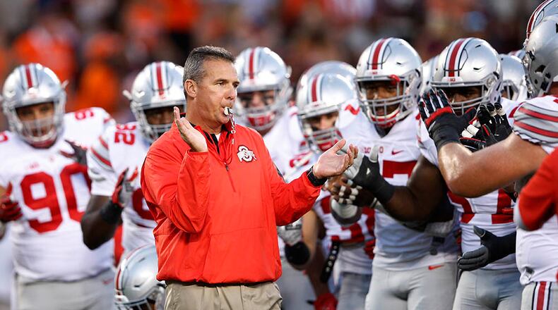 BLACKSBURG, VA - SEPTEMBER 7: Head coach Urban Meyer of the Ohio State Buckeyes gets his team ready before the game against the Virginia Tech Hokies at Lane Stadium on September 7, 2015 in Blacksburg, Virginia. (Photo by Joe Robbins/Getty Images)
