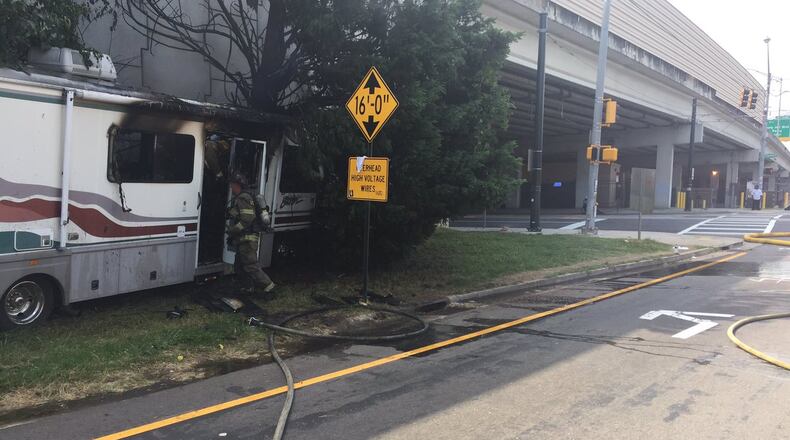 Edgewood Avenue was blocked for a while in both directions Thursday afternoon after an RV crashed and caught fire. (Credit: Atlanta Fire Department)