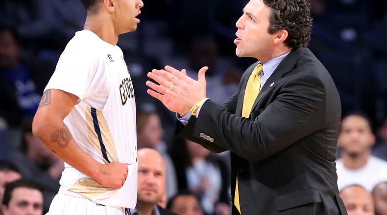 Georgia Tech head coach Josh Pastner coaches up Justin Moore in an NCAA college basketball game against the Southern Jaguars at McCamish Pavilion on Monday, Nov. 14, 2016, in Atlanta. Curtis Compton/ccompton@ajc.com