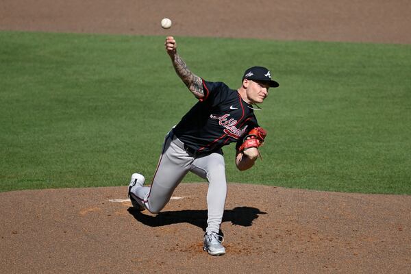 Atlanta Braves pitcher AJ Smith-Shawver throws during the second inning of a baseball game against the Tampa Bay Rays, Saturday, April 12, 2025, in Tampa, Fla. (AP Photo/Jason Behnken)