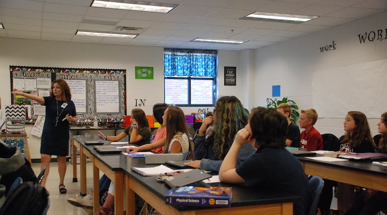 Shari Tolan leads a high-school level class on physical science at Teasley Middle School in Canton.