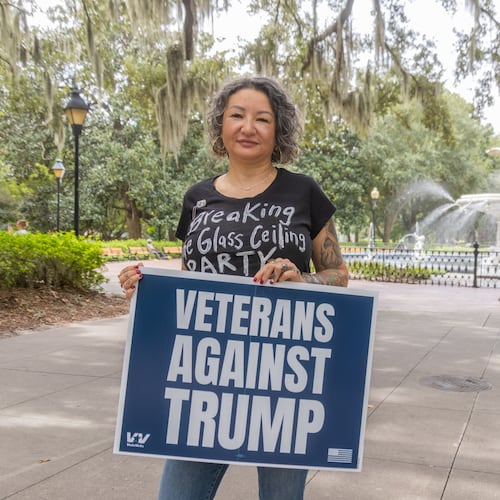 Air Force vet Tabatha Strozier of Savannah said she had a hard time choosing which campaign sign to order for her yard. One option was “Veterans For Biden.” Another was “Veterans Against Trump.” Then President Joe Biden ended his campaign. “Now, with Kamala Harris as the nominee instead of Biden," she said, "I’m really glad I went anti-Trump.” (AJC Photo/Katelyn Myrick)