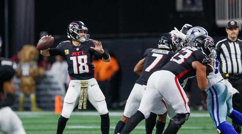 Atlanta Falcons quarterback Kirk Cousins (18) attempts a pass during the second half against the Dallas Cowboys on Sunday, November 3, 2024, at Mercedes-Benz Stadium in Atlanta.
(Miguel Martinez/ AJC)