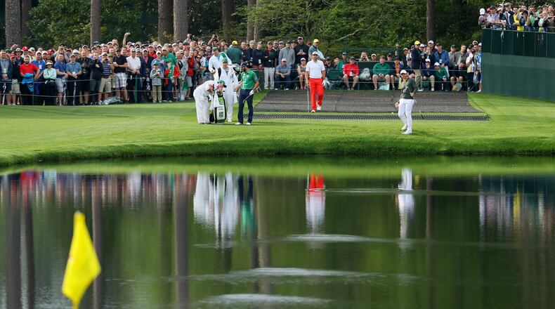 AUGUSTA, GA - APRIL 05: Rory McIlroy of Northern Ireland skips his ball across the pond on the 16th hole during a practice round prior to the start of the 2017 Masters Tournament at Augusta National Golf Club on April 5, 2017 in Augusta, Georgia. (Photo by Andrew Redington/Getty Images) *** BESTPIX ***