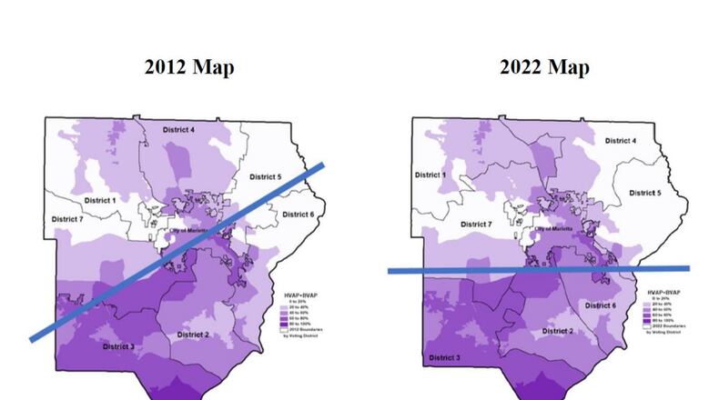 This image, taken from court documents in the redistricting lawsuit, shows that the Black and Hispanic residents are concentrated in the southern portions of Cobb County. Voting rights groups allege that the new map, on the right, confines those residents into three voting districts.