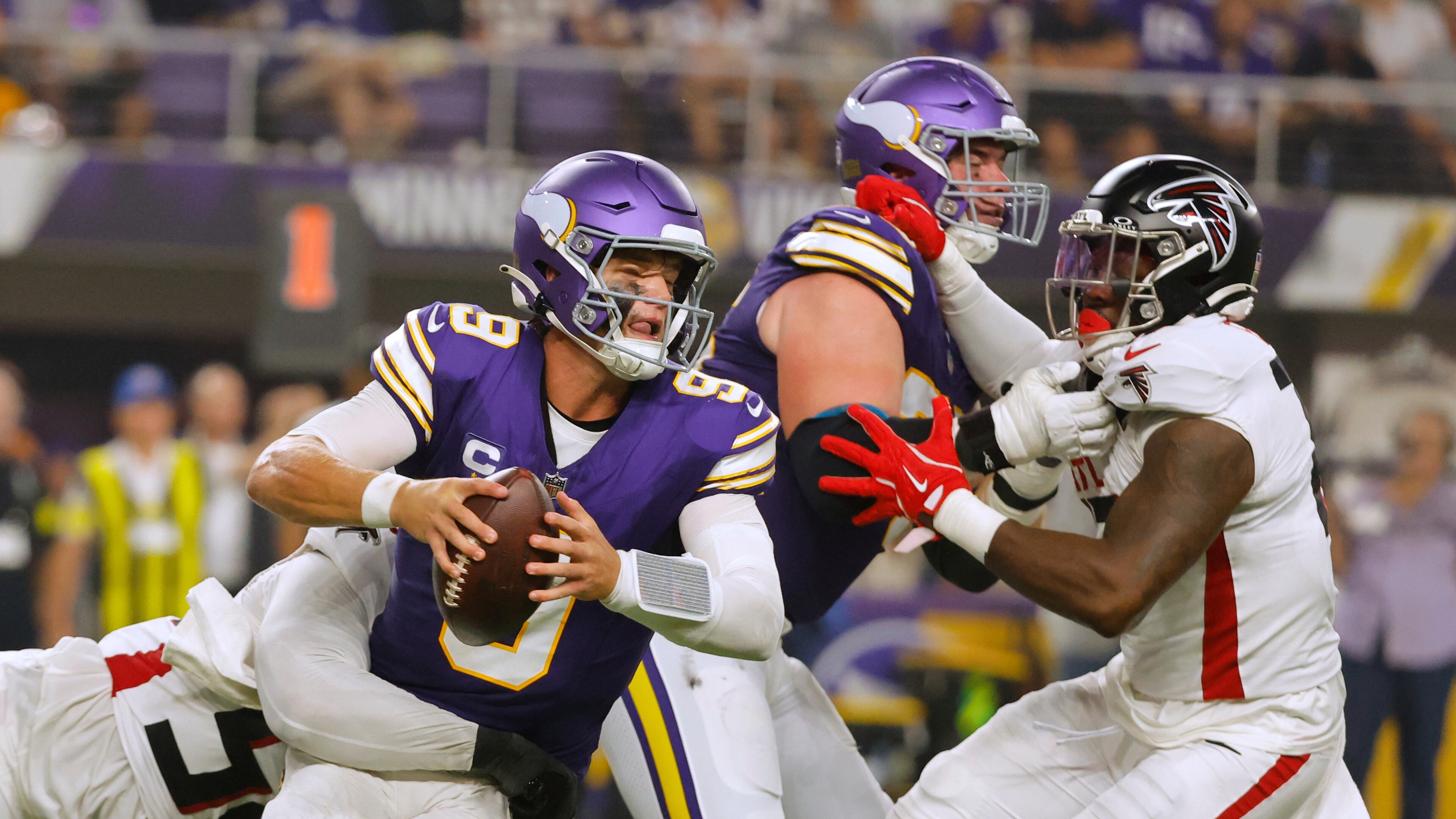 Atlanta Falcons defensive tackle Brandon Dorlus (54) sacks Minnesota Vikings quarterback J.J. McCarthy (9) during the first half of an NFL football game, Sunday, Sept. 14, 2025, in Minneapolis. (AP Photo/Bruce Kluckhohn)