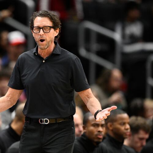 FILE - Atlanta Hawks head coach Quin Snyder in action during the first half of an NBA basketball game against the Washington Wizards, Saturday, Dec. 6, 2025, in Washington. (AP Photo/Nick Wass, File)