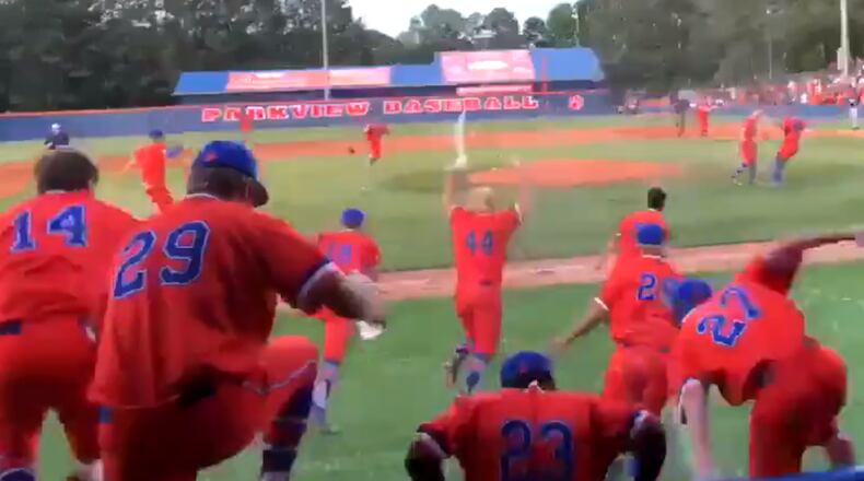 Parkview players celebrate their clinching victory this week in the Class AAAAAAA baseball final against Mill Creek. The title was the Panthers’ seventh, tied for most ever in the highest classification.