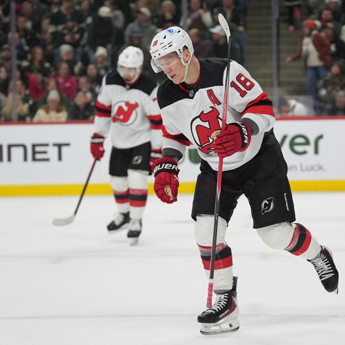 New Jersey Devils left wing Ondrej Palat (18) skates after scoring during the second period of an NHL hockey game against the Minnesota Wild, Monday, Jan. 12, 2026, in St. Paul, Minn. (AP Photo/Abbie Parr)