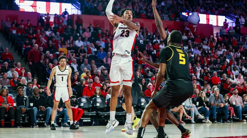 Georgia center Braelen Bridges (23) goes up with one of his five made shots on five attempts  against Missouri at Stegeman Coliseum in Athens on Saturday, Feb. 25, 2023. (Tony Walsh/UGA Athletic Association)