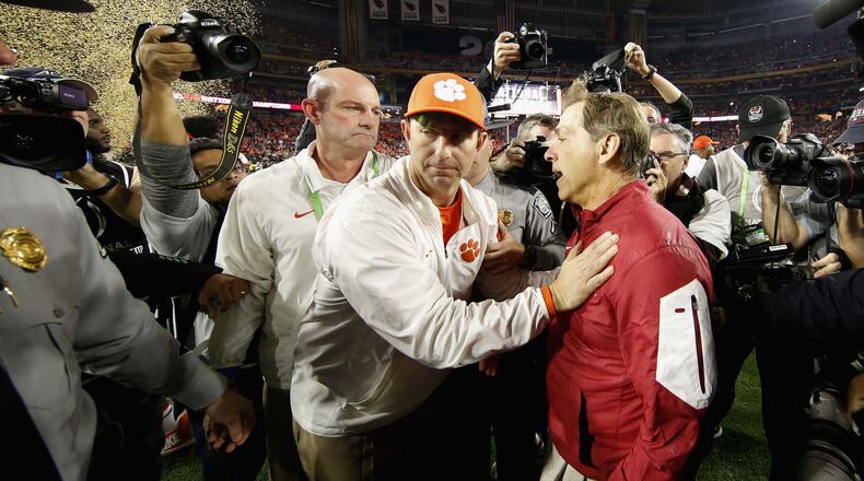 Coach Nick Saban of the Alabama Crimson Tide shakes hands withcoach Dabo Swinney of Clemson after the 2016 College Football Playoff championship game at University of Phoenix Stadium on Jan. 11, 2016 in Glendale, Arizona. Alabama won 45-40. (Photo by Christian Petersen/Getty Images)