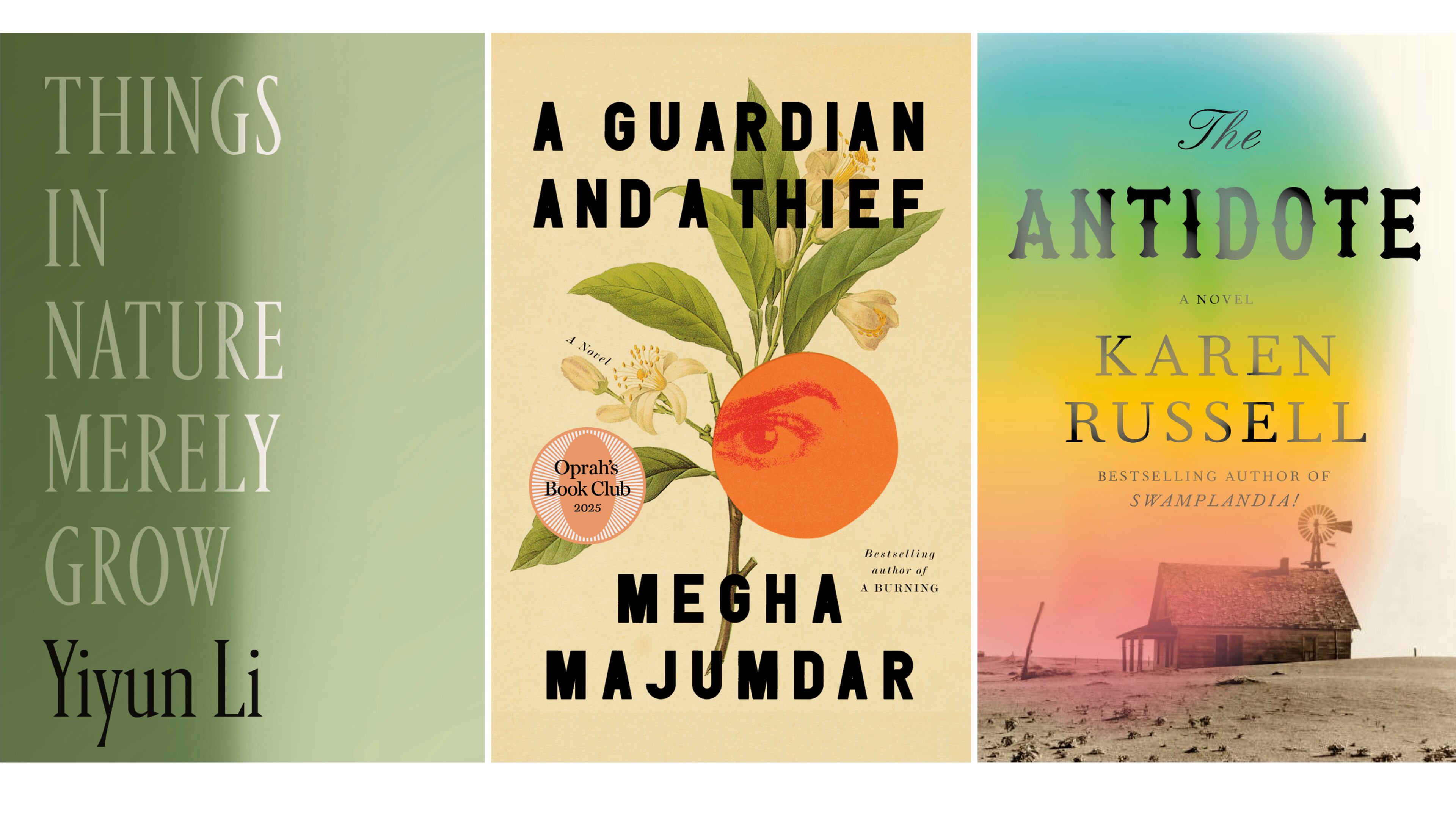This combination of book cover images shows "Things in Nature Merely Grow" by Yiyun Li, left, "A Guardian and a Thief" by Megha Majumdar, center, and "The Antidote" by Karen Russell. (Farrar, Straus and Giroux/Knopf/Knopf via AP)