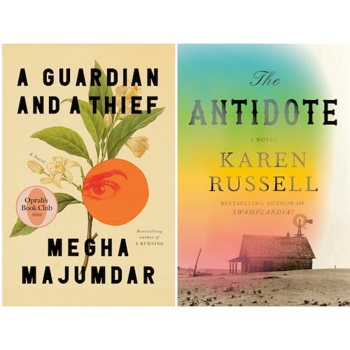 This combination of book cover images shows "Things in Nature Merely Grow" by Yiyun Li, left, "A Guardian and a Thief" by Megha Majumdar, center, and "The Antidote" by Karen Russell. (Farrar, Straus and Giroux/Knopf/Knopf via AP)