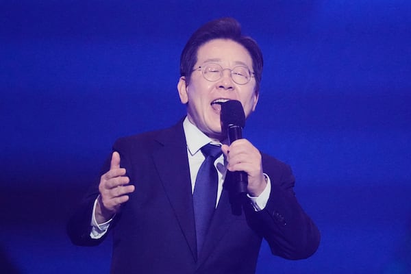 South Korea's main opposition Democratic Party's former leader Lee Jae-myung delivers his speech after winning the nomination as the June 3 presidential election candidate during a party's convention in Goyang, South Korea, Sunday, April 27, 2025. (AP Photo/Lee Jin-man)