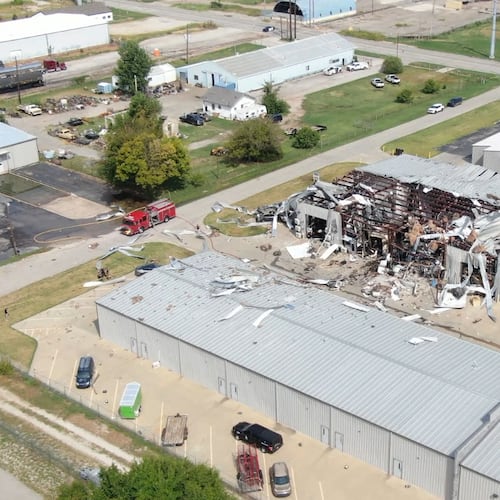 In this image taken from video provided by KFOR, authorities work the scene of a building explosion in Sand Springs, Okla., Thursday, Aug. 27, 2026. (KFOR via AP)