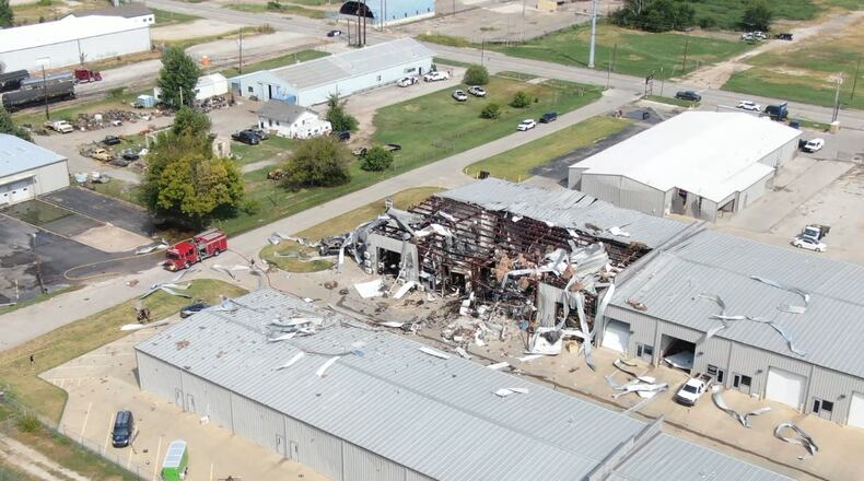 In this image taken from video provided by KFOR, authorities work the scene of a building explosion in Sand Springs, Okla., Thursday, Aug. 27, 2026. (KFOR via AP)