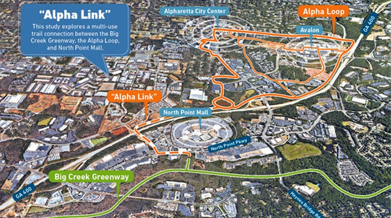 Map depicts the Alpha Loop, Big Creek Greenway and a possible “Alpha Link” connector trail in Alpharetta. The city will hold an open house April 1 to discuss the project. CITY OF ALPHARETTA