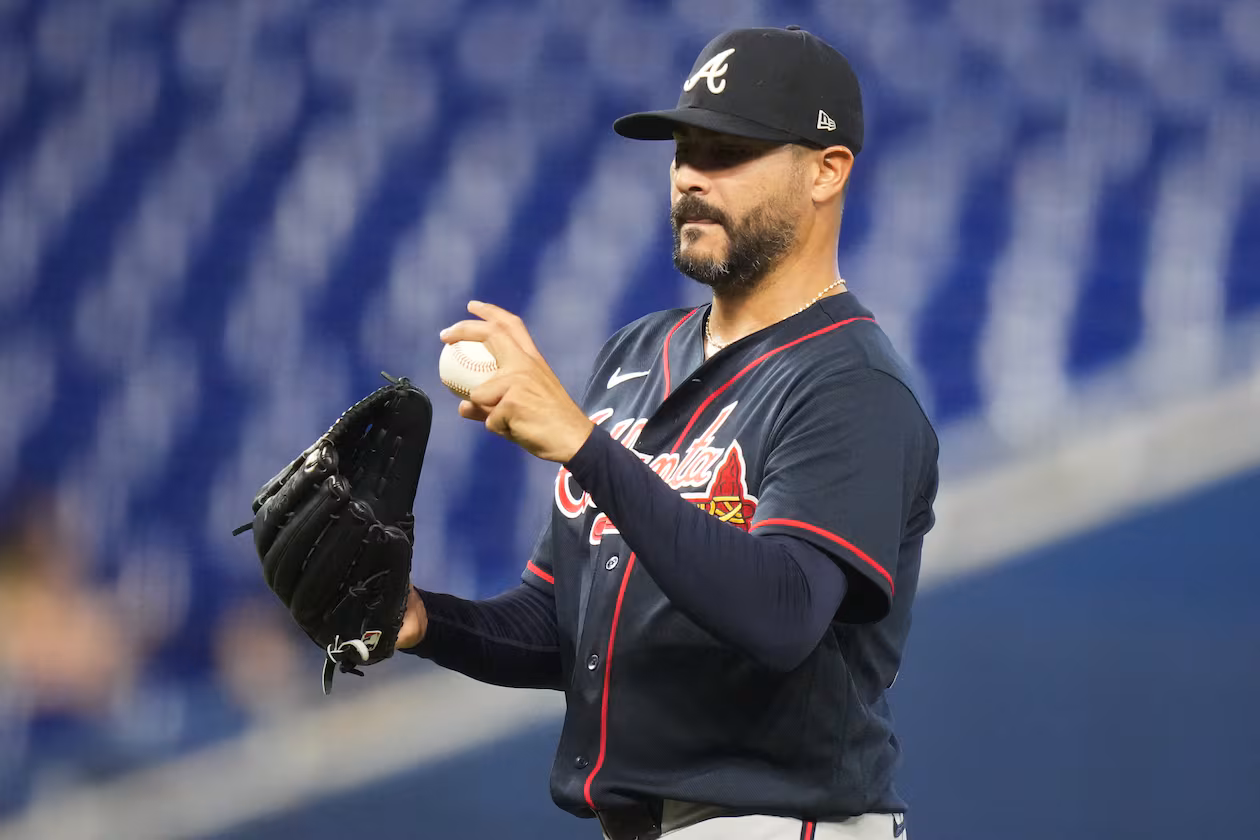 Atlanta Braves starting pitcher Martín Pérez stands on the mound during the first inning of a baseball game against the Miami Marlins, Tuesday, May 19, 2026, in Miami. (Lynne Sladky/AP)