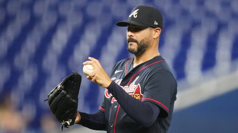 Atlanta Braves starting pitcher Martín Pérez stands on the mound during the first inning of a baseball game against the Miami Marlins, Tuesday, May 19, 2026, in Miami. (Lynne Sladky/AP)